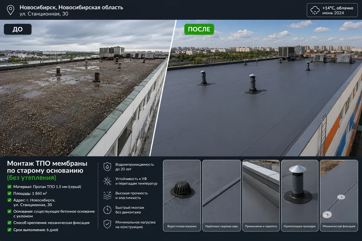 Ремонт плоской кровли 1 860 м² с монтажом ПВХ-мембраны, до и после — г. Новосибирск